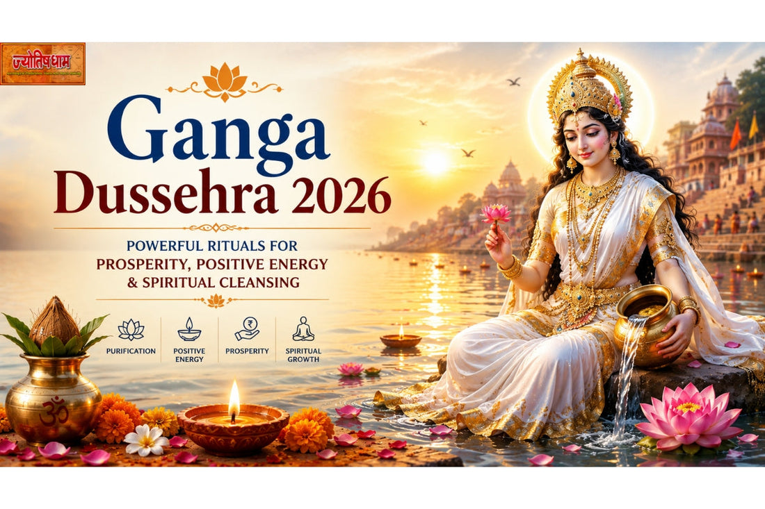Ganga Dussehra 2026 spiritual banner featuring Maa Ganga beside the holy river with diya, lotus flowers, and golden sunrise symbolizing peace, prosperity, positive energy, and spiritual cleansing.