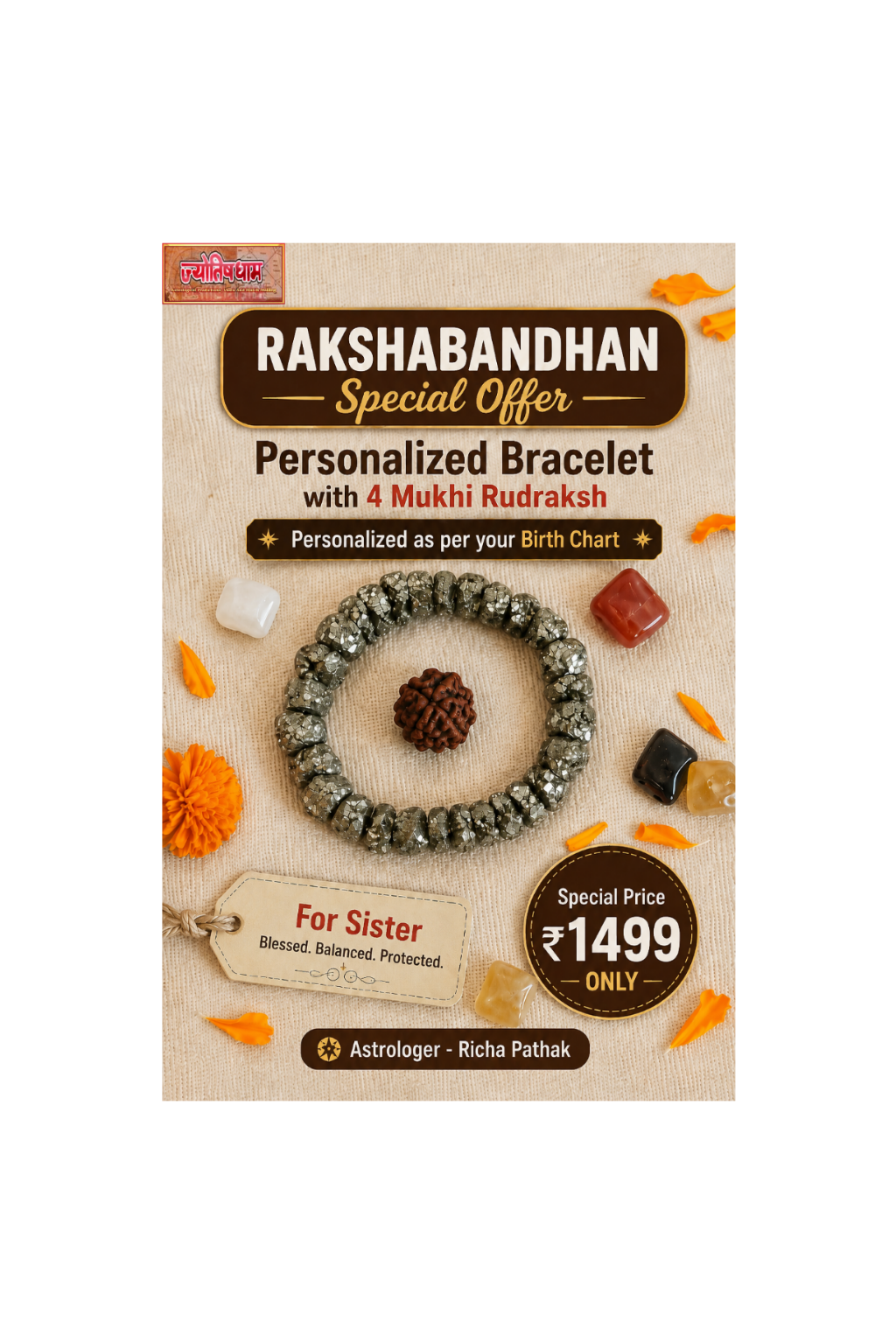 Personalized Bracelet With 4 mukhi Rudraksh